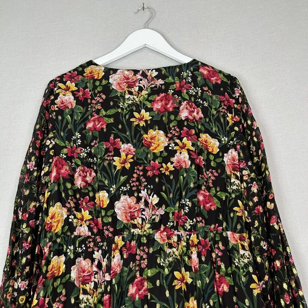 J.Crew Tie Front Floral Maxi Dress Womens Dress XL Black Cottage Prairie Boho